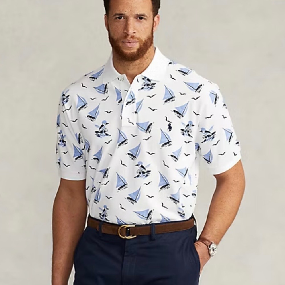 Polo Bear Ralph Lauren 3XB White Blue Sailboat Nautical Print Mesh Polo Shirt